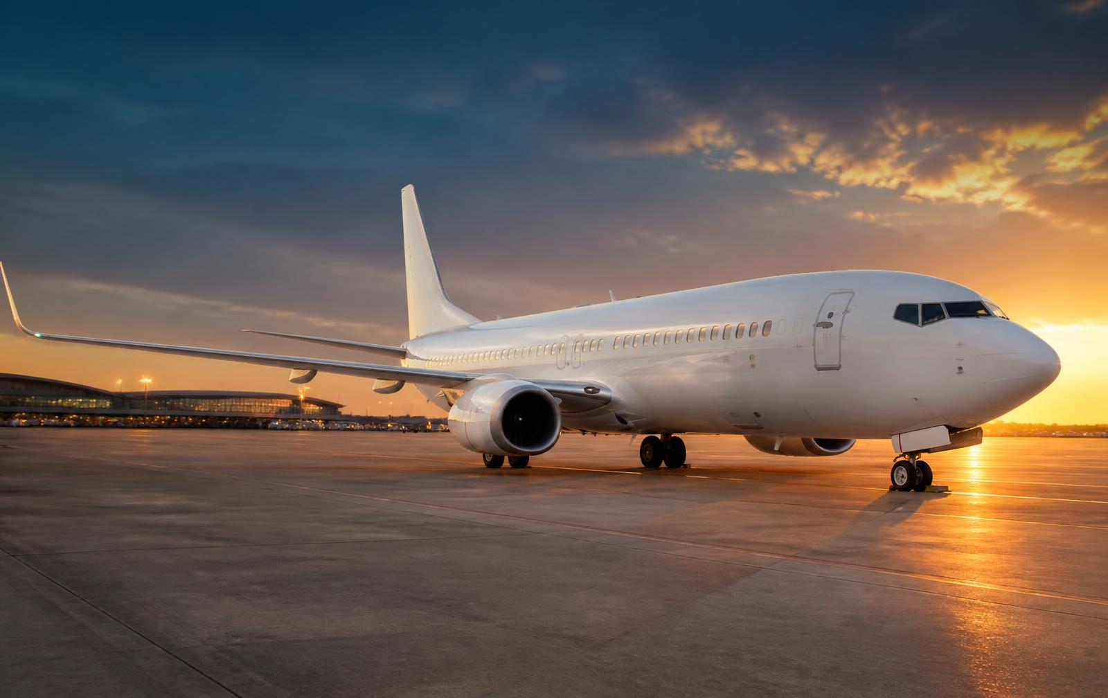 Avión comercial en plataforma al atardecer
